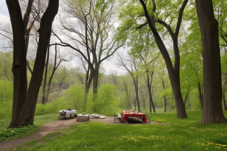 picnic in park with view of towering trees and rushing stream, created with generative aiの素材