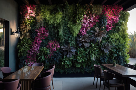 vertical garden covering entire wall, with hanging plants and blooms, created with generative aiの素材