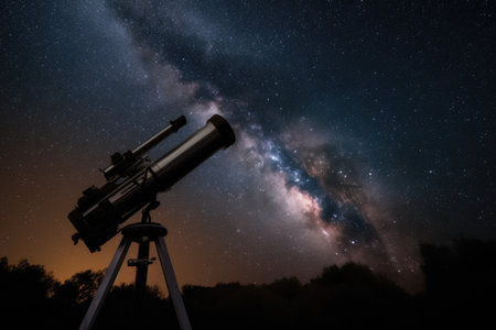 night sky, with myriad stars shining brightly, and a telescope nearby, created with generative aiの素材