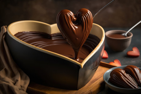 heart-shaped churros being dipped into a bowl of warm chocolate sauce, created with generative aiの素材