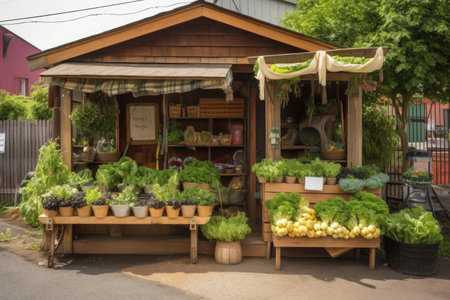 a vegetable stand, with hanging baskets of fresh produce and a healthy lifestyle flyer, created with generative aiの素材