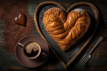 heart-shaped croissant with chocolate or almond paste, surrounded by freshly brewed coffee, created with generative aiの素材