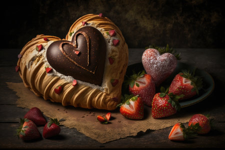 heart-shaped croissant filled with chocolate or almond paste, surrounded by heart-shaped and pastel strawberries, created with generative aiの素材