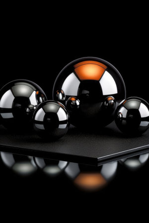 reflective glass spheres on a black surface, created with generative aiの素材