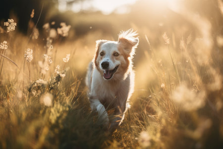 portrait of happy dog running through meadow, with the sun shining and wind blowing, created with generative aiの素材