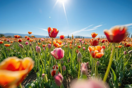 beautiful tulips growing in a field on a sunny day, created with generative aiの素材