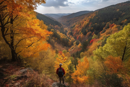 person, trekking through autumn forest, with views of the surrounding landscape visible, created with generative aiの素材