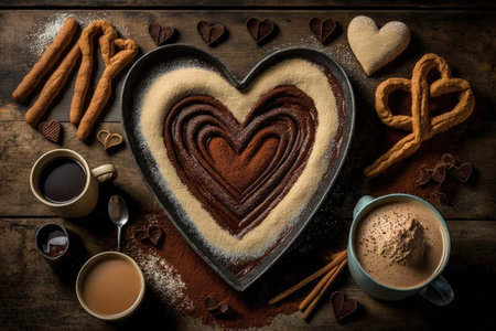 heart-shaped churros surrounded by gourmet coffee for a sweet and savory treat, created with generative aiの素材