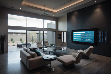 a sleek and stylish home automation system, featuring sleek touchscreen panels, robotic window shades, and voice control, created with generative aiの素材