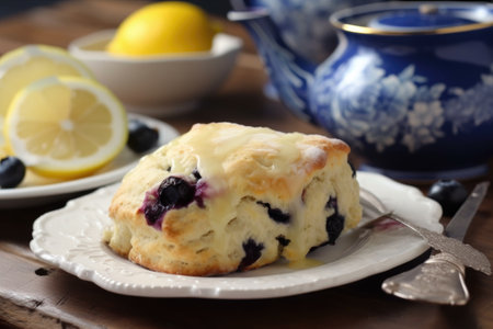 a scone, covered in blueberry and lemon fillings, with a teacup on the side, created with generative aiの素材