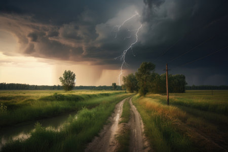 rural landscape with a stormy sky, with lightning striking the ground, created with generative aiの素材