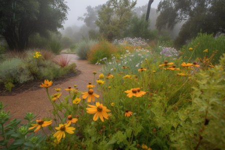 drought-tolerant and native plants growing in the midst of rainstorm, created with generative aiの素材