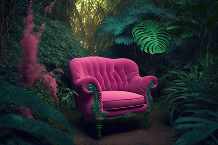 a pink armchair surrounded by a lush green garden, created with generative aiの素材