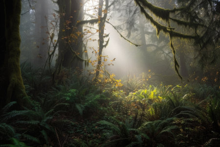 forest with misty morning light, the fog lifting and revealing a treasure trove of beauty, created with generative aiの素材