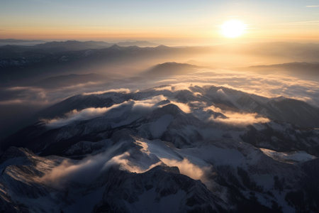 snow-covered mountains, with peaks and valleys visible, at sunrise, created with generative aiの素材