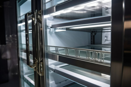 close-up of a well-kept walk-in refrigerator with glass shelves and metallic handles, created with generative aiの素材