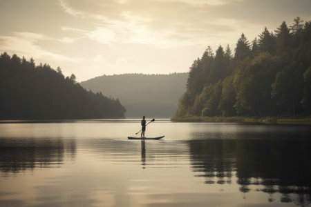 person, paddleboarding on tranquil lake, surrounded by the natural beauty of nature, created with generative aiの素材