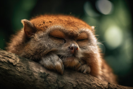 macro shot of furry creature with its eyes closed, resting on tree branch, created with generative aiの素材