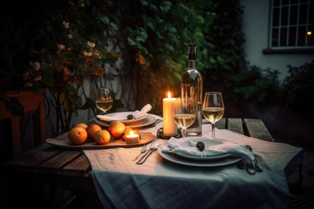 cozy outdoor table setting with candlelight and white wine for a romantic night, created with generative aiの素材
