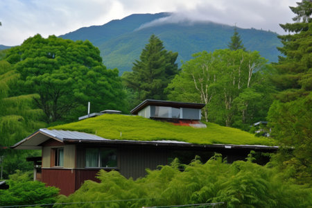 green roofed house surrounded by tall trees and mountains in the background, created with generative aiの素材