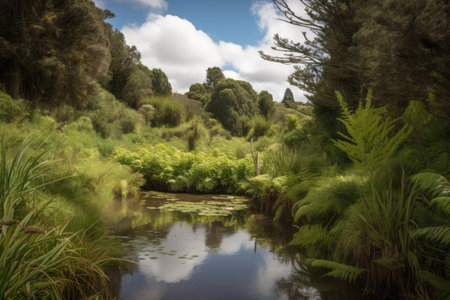 secluded wetland, hidden from view and surrounded by lush greenery, created with generative aiの素材