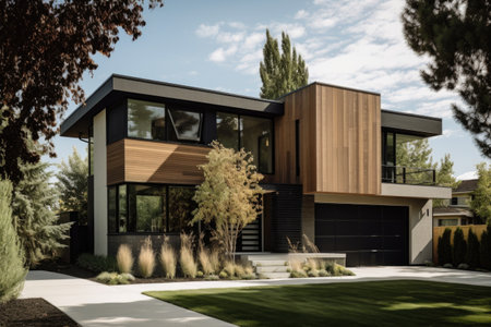 exterior of modern home with sleek lines and minimalist details, created with generative aiの素材