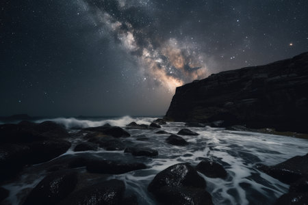 black cliff, with crashing waves and white foam, against a starry night sky, created with generative aiの素材