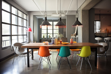 modern dining room with sleek tables and chairs, industrial lighting, and pop of color, created with generative aiの素材