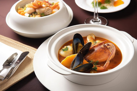classic french dishes, like bouillabaisse and cassoulet, on a white plate, created with generative aiの素材