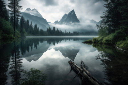 serene lake surrounded by misty mountains and towering peaks, created with generative aiの素材