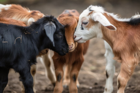 group of tiny goats interlocking horns and playfully head-butting each other, created with generative aiの素材