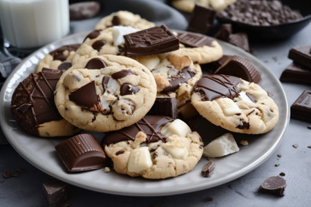 plate of cookies, topped with chocolate and broken into pieces, created with generative aiの素材