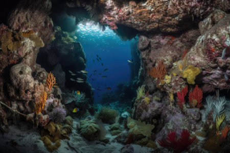 colorful coral and fish swimming among underwater caves, created with generative aiの素材