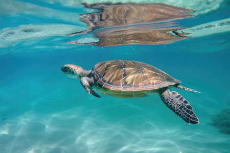 sea turtle swimming in crystal-clear waters, with its head and flippers visible, created with generative aiの素材