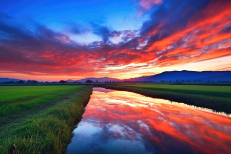 sunrise over serene landscape, with vibrant colors and details in the sky, created with generative aiの素材