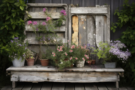 diy garden projects with reclaimed materials, such as old doors or floorboards, created with generative aiの素材