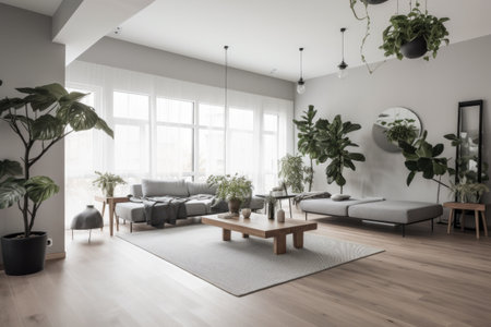 a modern and minimalist living room complete with indoor plants and greenery, created with generative aiの素材
