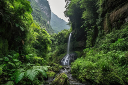 cascading waterfall surrounded by lush greenery, with a view of the mountain range in the background, created with generative aiの素材