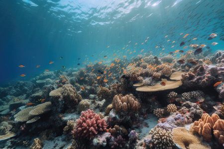 coral reef with schools of colorful fish swimming among the coral, created with generative aiの素材