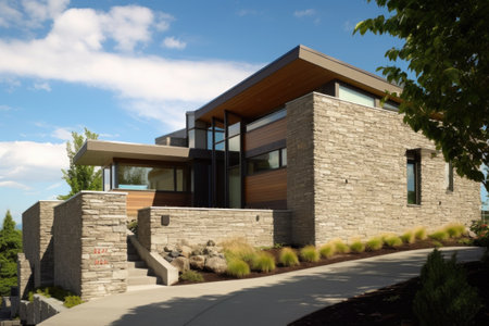 home with natural stone exterior and contemporary design elements, created with generative aiの素材