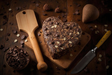 heart-shaped brownie on wooden board with knife, chocolate chips and nuts visible, created with generative aiの素材