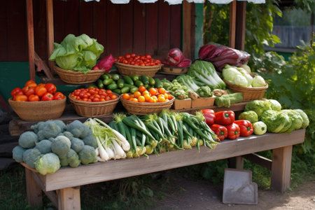 vegetable stand with fresh, ripe tomatoes and cucumbers, created with generative aiの素材