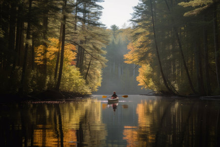 person, paddling through calm and serene waters, created with generative aiの素材