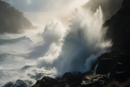 waves crashing against cliffside, with mist and spray in the air, created with generative aiの素材