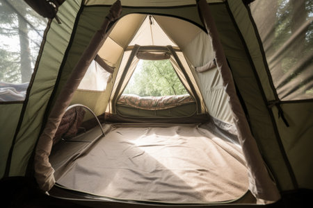 close-up of a tent with its doors and windows open, allowing natural light and air to flow inside, created with generative aiの素材