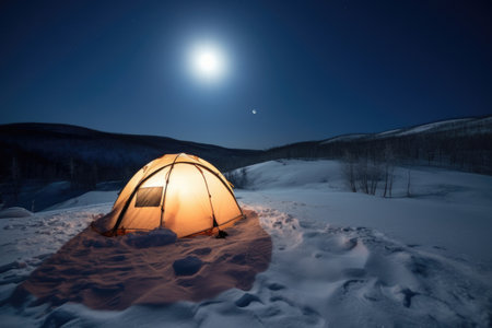a tent surrounded by snow, with the moon shining above, created with generative aiの素材