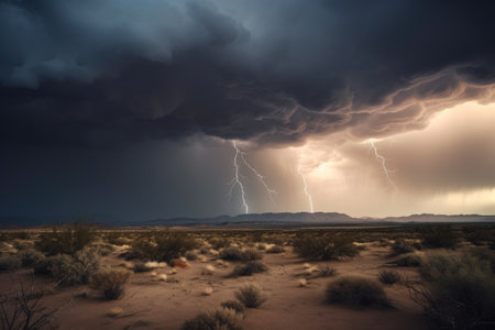 stormy desert sky with thunderclouds and lightning, created with generative aiの素材