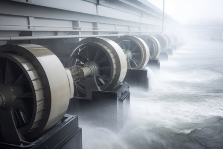 close-up of turbines in hydroelectric power plant, with running water and mist visible, created with generative aiの素材