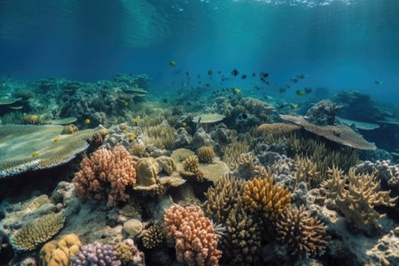 coral reef with schools of different fish and colorful corals, created with generative aiの素材