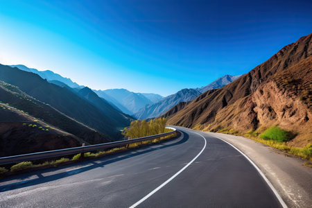 majestic mountain range, with winding road and clear blue skies, created with generative aiの素材